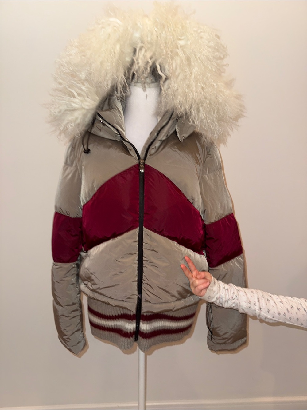 Womens Taupe and Burgundy Ski Puffer Jacket with Fur-Trim Hood-  Post Card